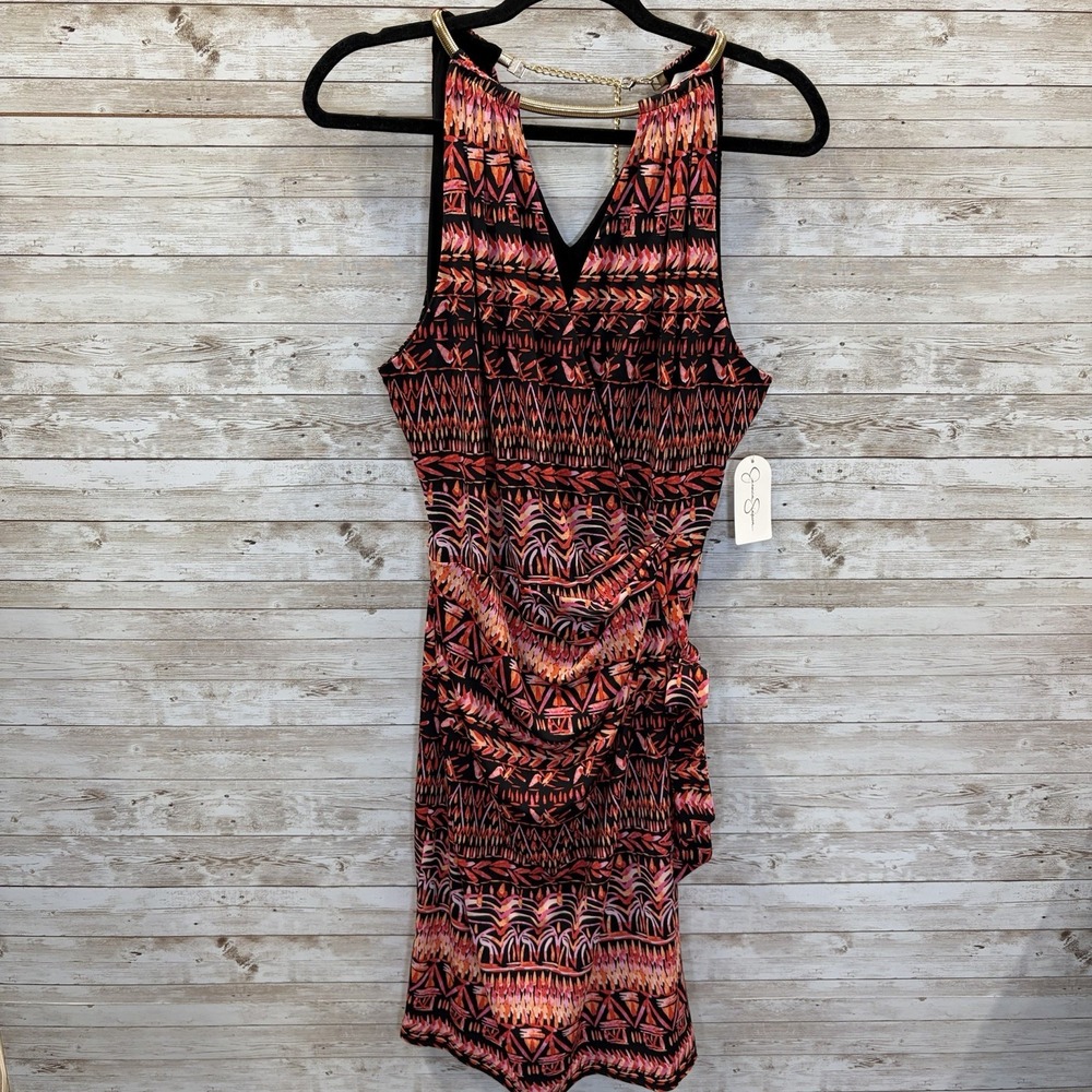 NWT Jessica Simpson Womens 12 Dress Midi Red Black Hawaiian Tribal Halter Summer